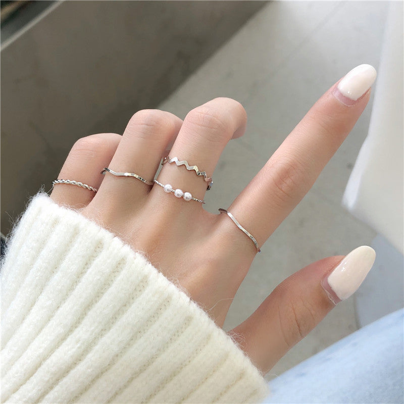 Stacking Ring Set for Women, 5-Piece Slim Wave, Beaded and Faux Pearl Accent Bands in Gold-Tone or Silver-Tone