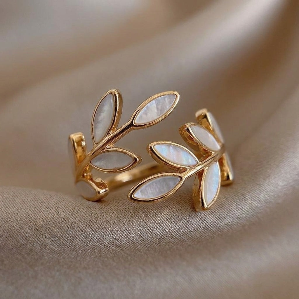 Leaf or Floral Ring, Gold-Tone Metal with White, Turquoise-Color or Clear Accents