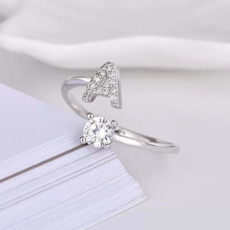 Initial Letter Ring, Silver-Tone Metal with Clear Accents, Adjustable, A-Z