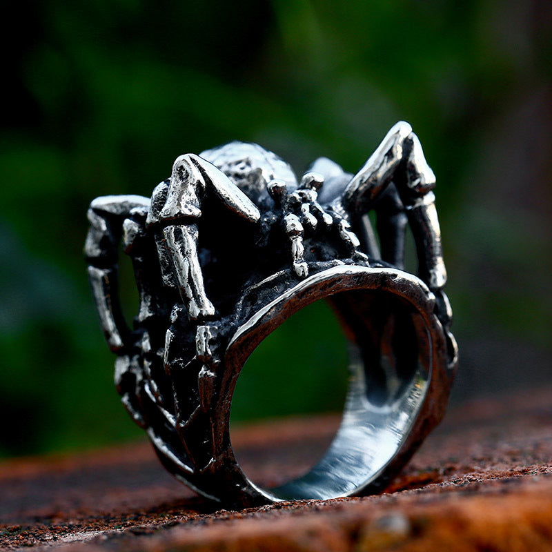 Spider Ring for Men, Silver-Tone Sculpted Spider and Web Statement Band