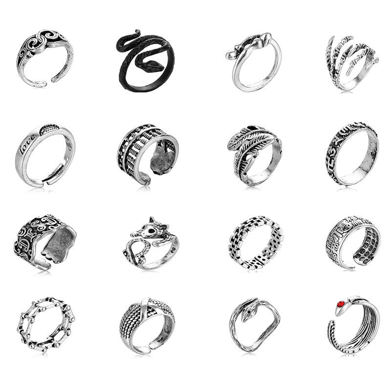Open Ring for Men, Assorted Silver-Tone and Black Skull, Snake, Feather and Textured Band Designs