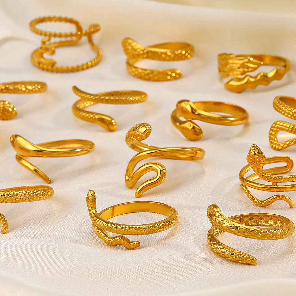 Snake Ring, Stainless Steel with Textured or Polished Finish, Gold-Tone or Silver-Tone, 25 Styles