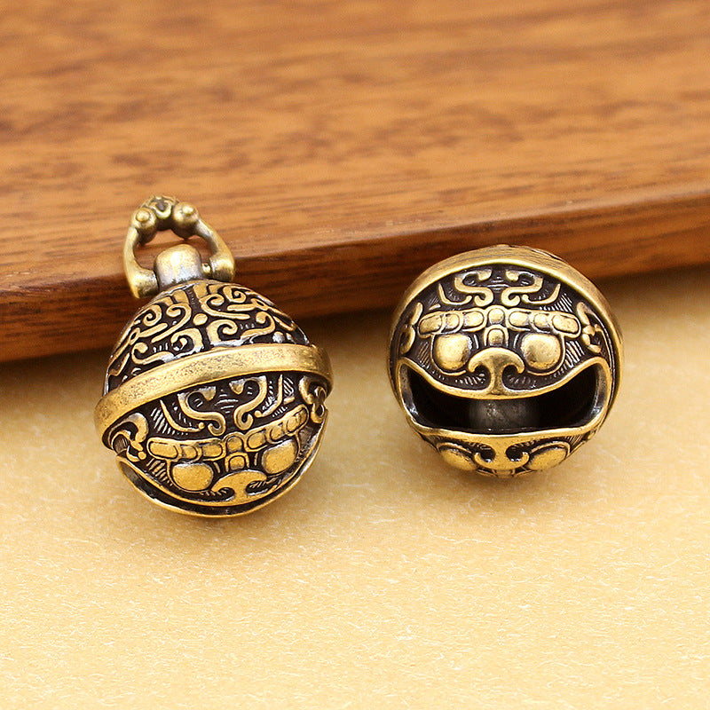 Taotie Motif Bell Pendant, Brass with Antique Finish, 35 mm