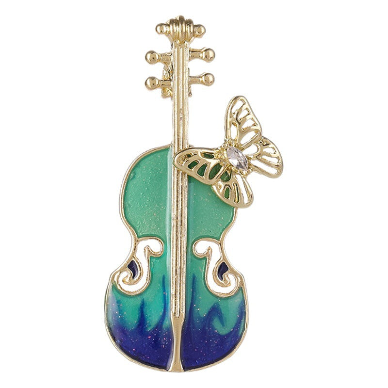 Violin Brooch Pin, Green Enamel Alloy Musical Instrument Design for Clothing - Product view 1