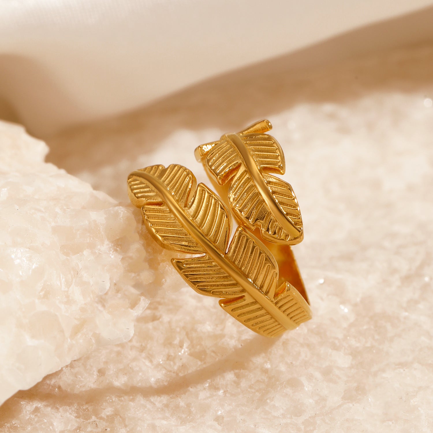 Leaf Wrap Ring, Stainless Steel, Adjustable Gold or Steel-Tone Open Band