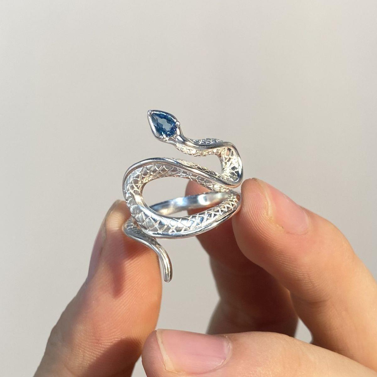 Snake Wrap Ring, Silver-Tone Alloy with Blue and Clear Accents, Adjustable Open Design