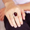 Oval Cabochon Ring, Silver-Plated Adjustable Band, Red or Black Accent