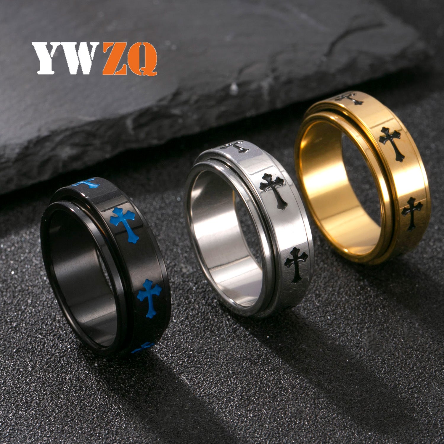 Cross Pattern Band Ring, Stainless Steel, Silver-Tone, Gold-Tone or Black, Sizes 7-12