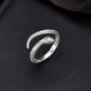 Silver Snake Ring, Textured Scales with Green Eye Accents, Adjustable Open Band