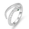 Silver Snake Ring, Textured Scales with Green Eye Accents, Adjustable Open Band