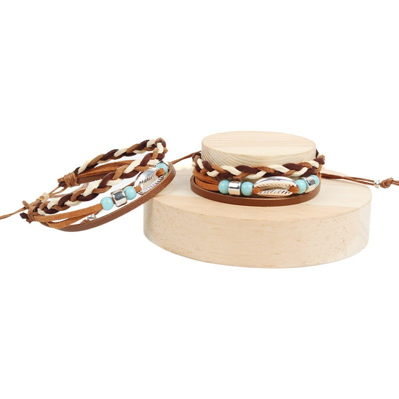 Multi-Layer Woven Bracelet, Mixed-Material Bands with Shell Detail and Vintage-Inspired Design - Product view 1