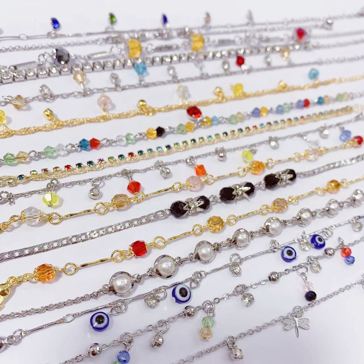 Copper Anklet or Bracelet, Mixed-Color Bead and Charm Designs, One Randomly Selected Piece - Mixed multi-color anklet bracelet, random one price