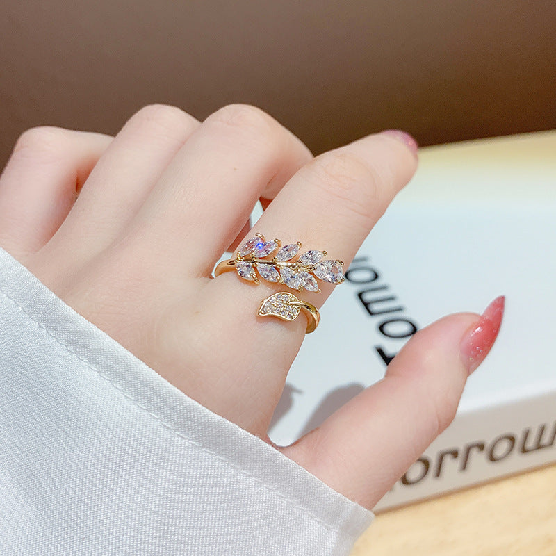 Leaf Spray Ring, Copper with Clear Accents, Adjustable Gold or Silver-Tone Band