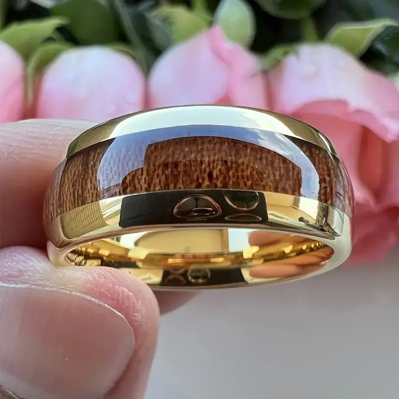 Wood Inlay Ring, Gold-Tone Stainless Steel with Brown Grain, 8mm Domed Band, Sizes 6-13