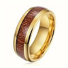 Wood Inlay Ring, Gold-Tone Stainless Steel with Brown Grain, 8mm Domed Band, Sizes 6-13
