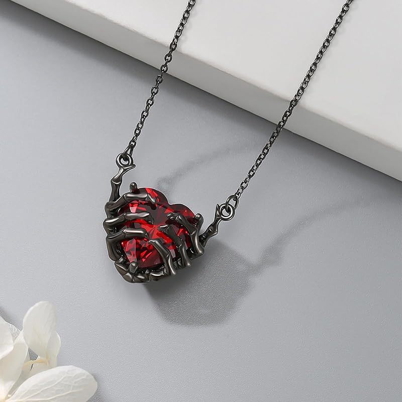 Heart Claw Pendant Necklace, Dark Red Heart with Black Zinc Alloy Claw Setting, Gothic-Inspired Design - Product view 1
