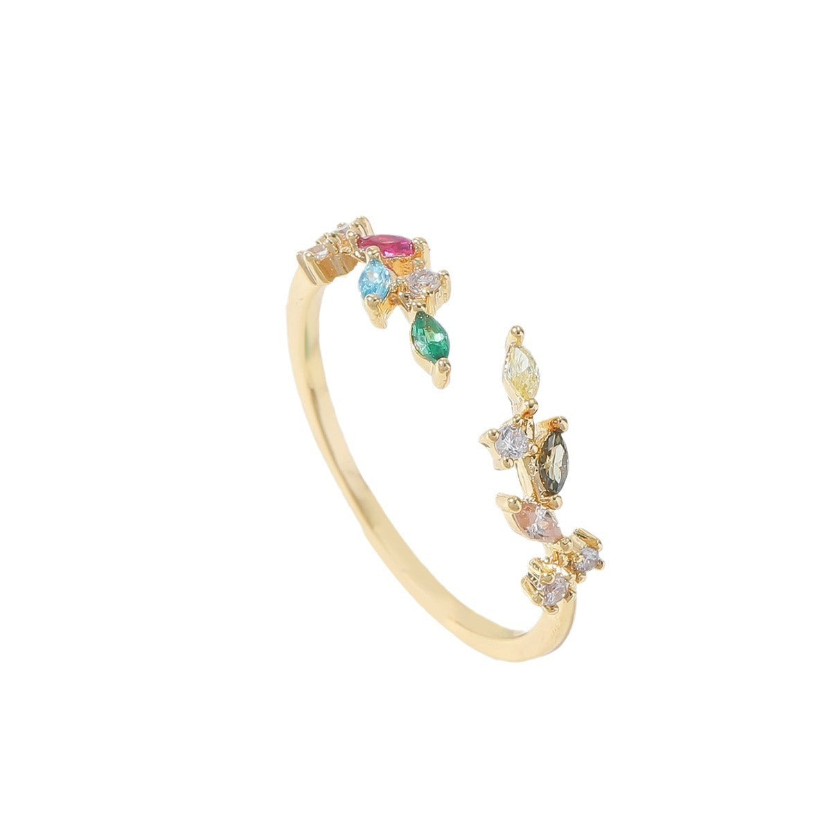 Leaf Ring with Colored Cubic Zirconia, Copper, Adjustable, 19 Color Options