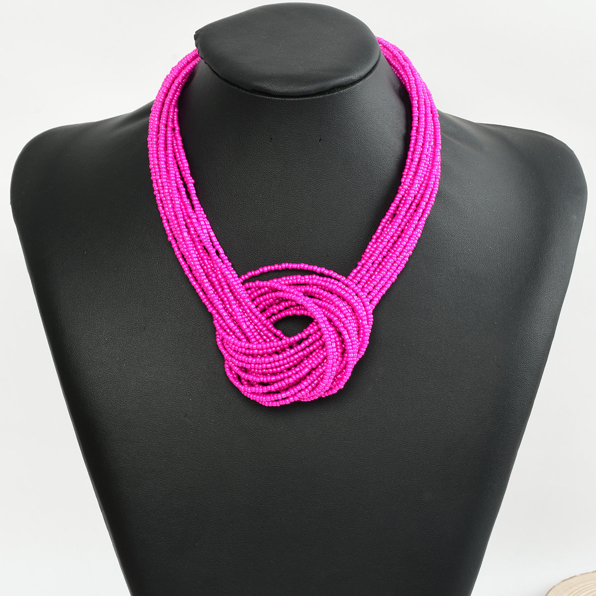 Multi-Layer Beaded Knot Necklace for Women, Handmade Statement Design in Assorted Bright Colors - Rose red