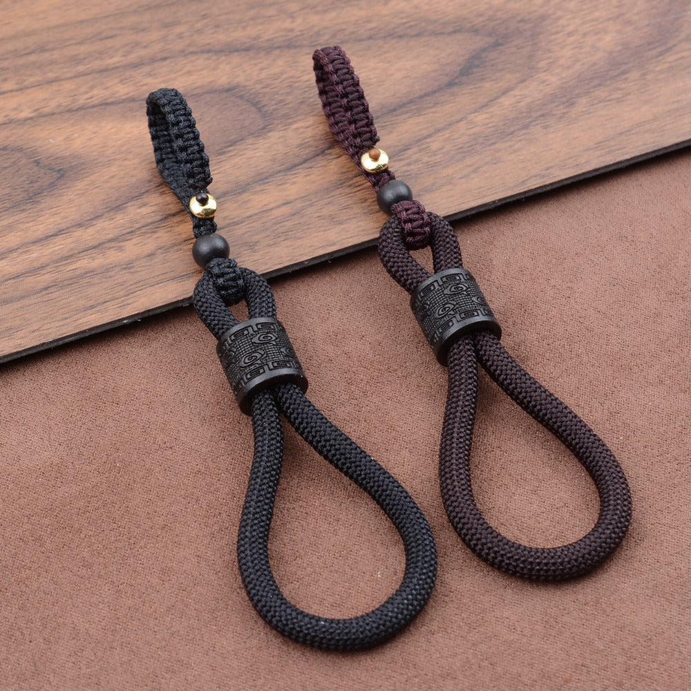 Braided Cord Keychain with Wood Bead, Short Loop Design, Black or Brown