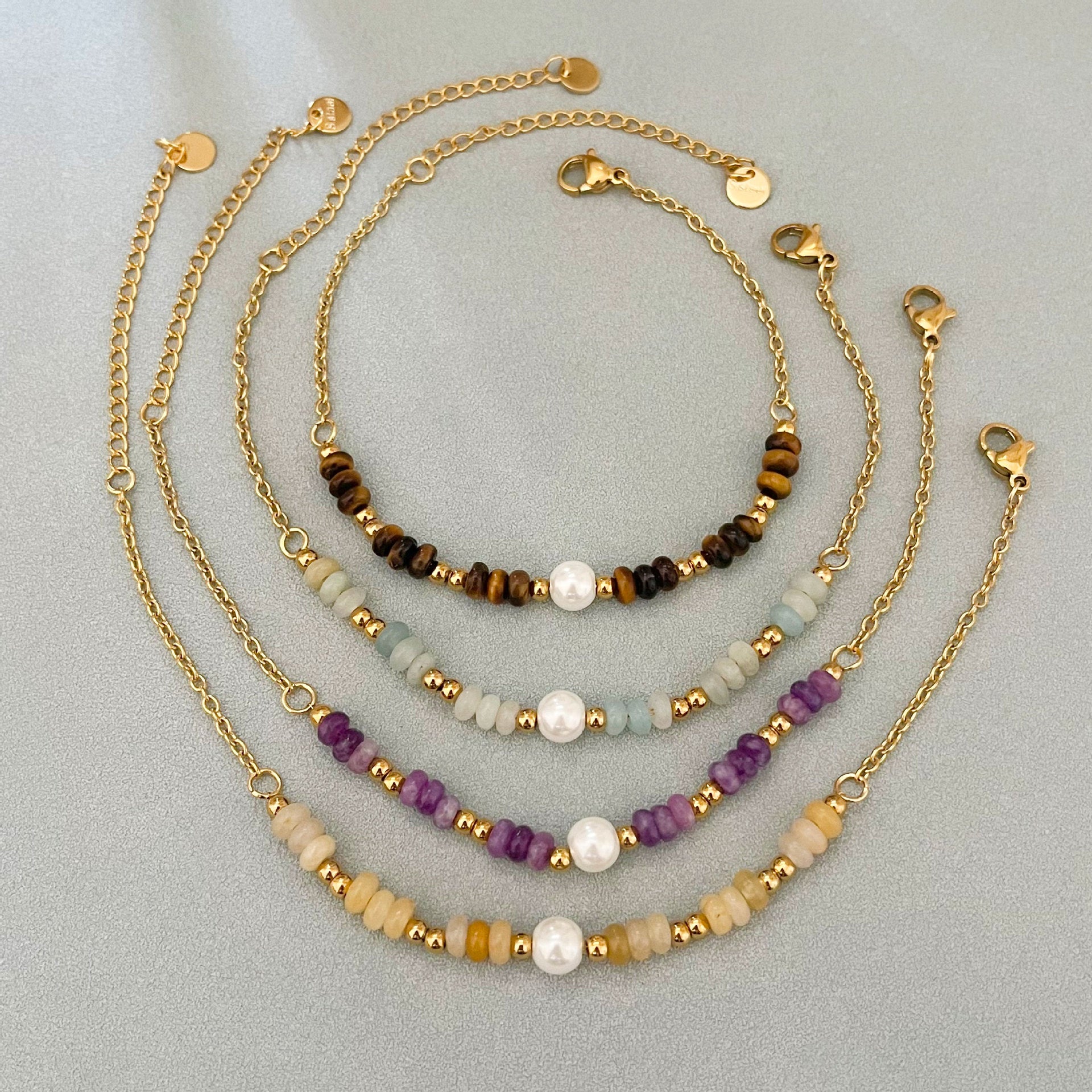 Beaded Bracelet for Women, Flat Round Stone-Style Beads with Stainless Steel and Faux Pearl Accents - Product view 1