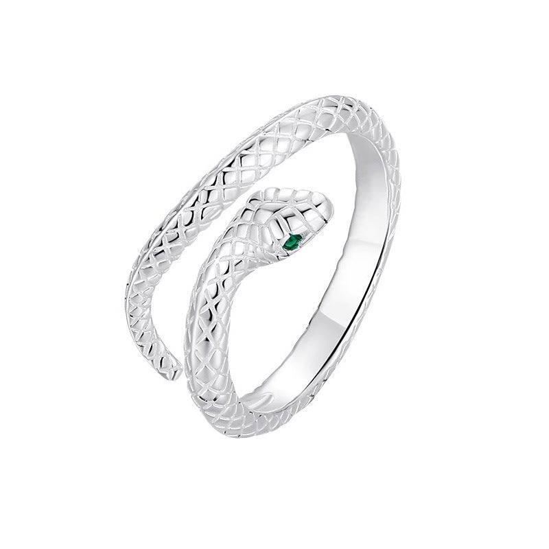 Textured Snake Ring, Silver with Green Eye Accents, Adjustable Open Band