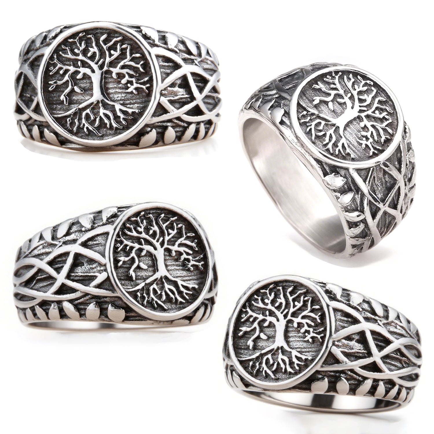 Tree of Life Signet Ring, Stainless Steel with Openwork Branch Sides, Sizes 7-13