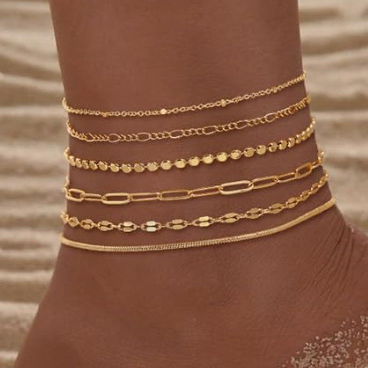 6-Piece Anklet Set for Women, Vintage-Inspired Alloy Chains in Gold or Silver Tone, Three Design Options - Product view 1