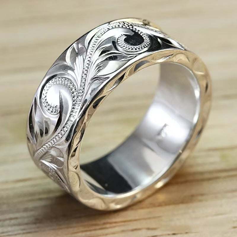 Vine-Pattern Band Ring, Alloy, Antique Silver-Tone with Contrasting Edges, Sizes 5-11