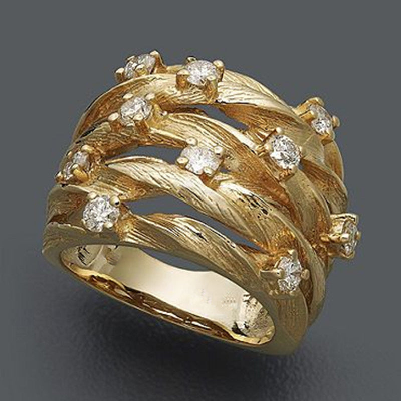 Vine Wrap Ring, Gold-Tone Alloy with Clear Accents and Layered Branch Design, Sizes 6-10