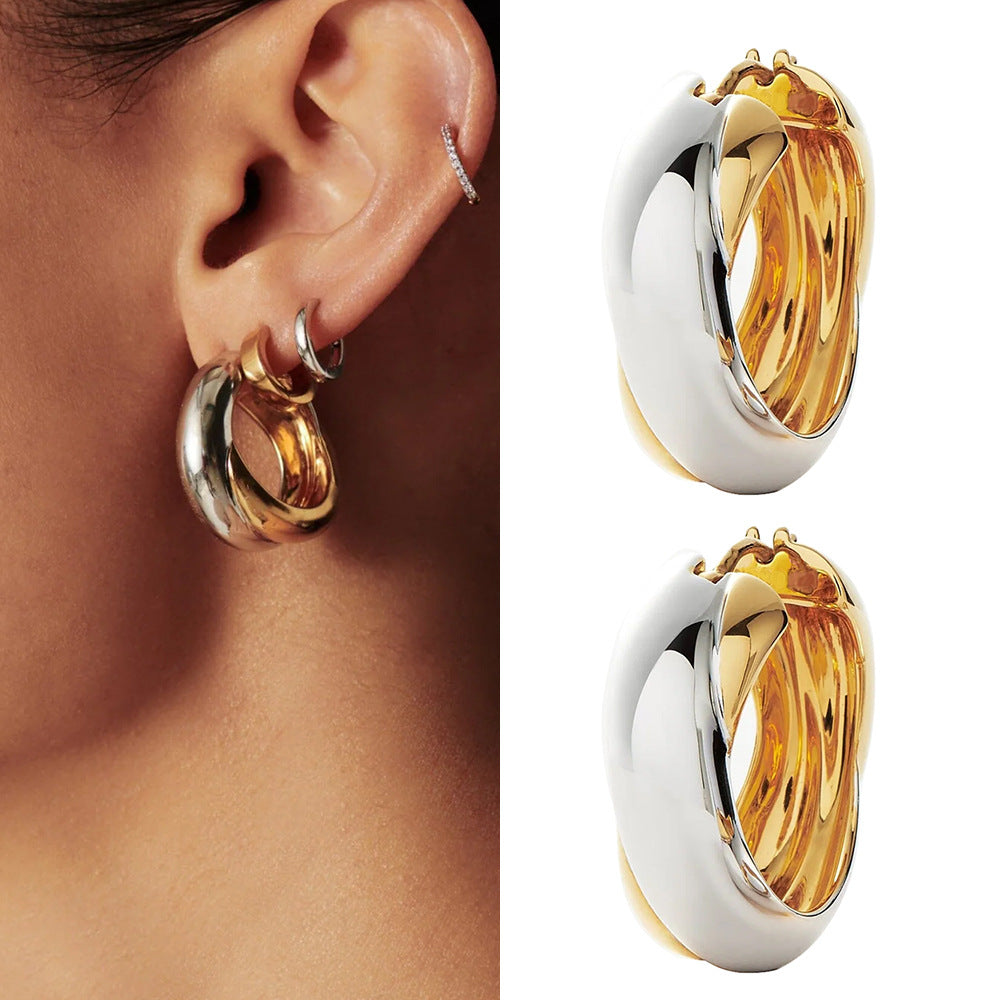Two-Tone Hoop Earrings for Women, Copper Color-Block Design, One Symmetrical Pair - Product view 1