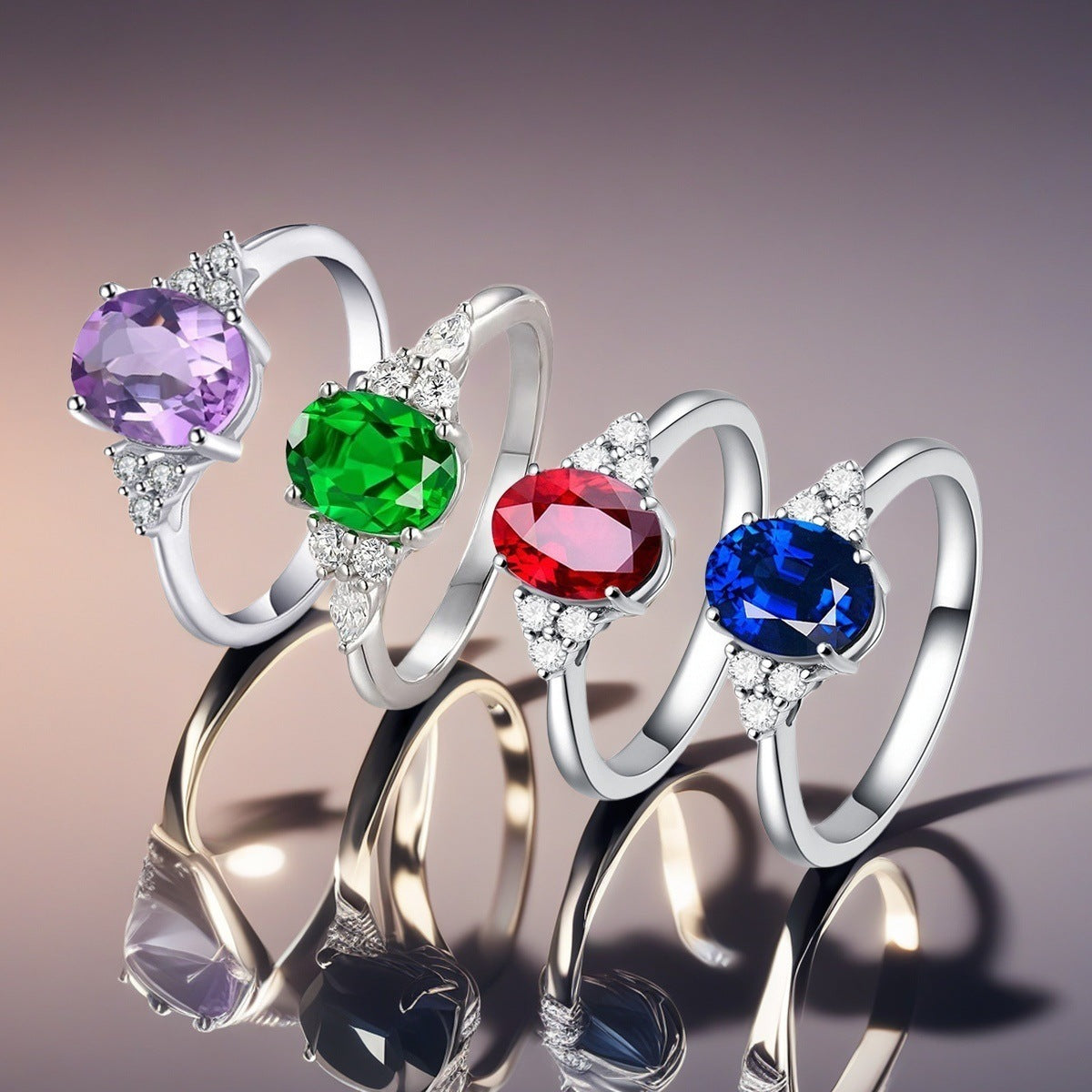 Oval Accent Ring, Zinc Alloy with Clear Side Accents, 4 Colors, Sizes 5-11