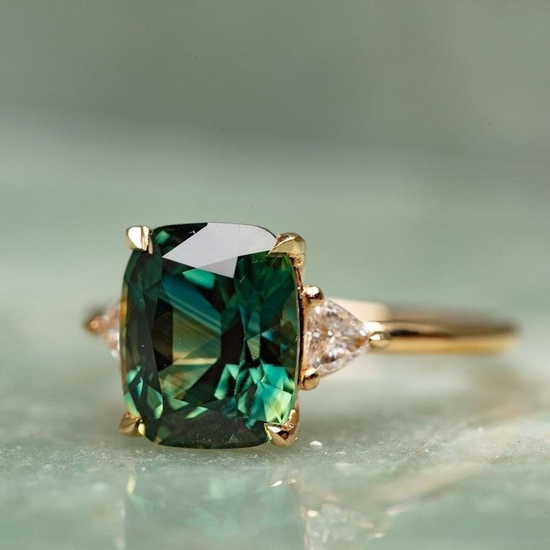 Rectangular Accent Ring, Green Alloy or Blue Copper Design, Gold-Tone Prong Setting