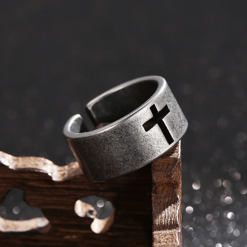 Cross Cutout Band Ring, Stainless Steel with Antique Silver-Tone Finish, 10 mm Wide, Sizes 8-11