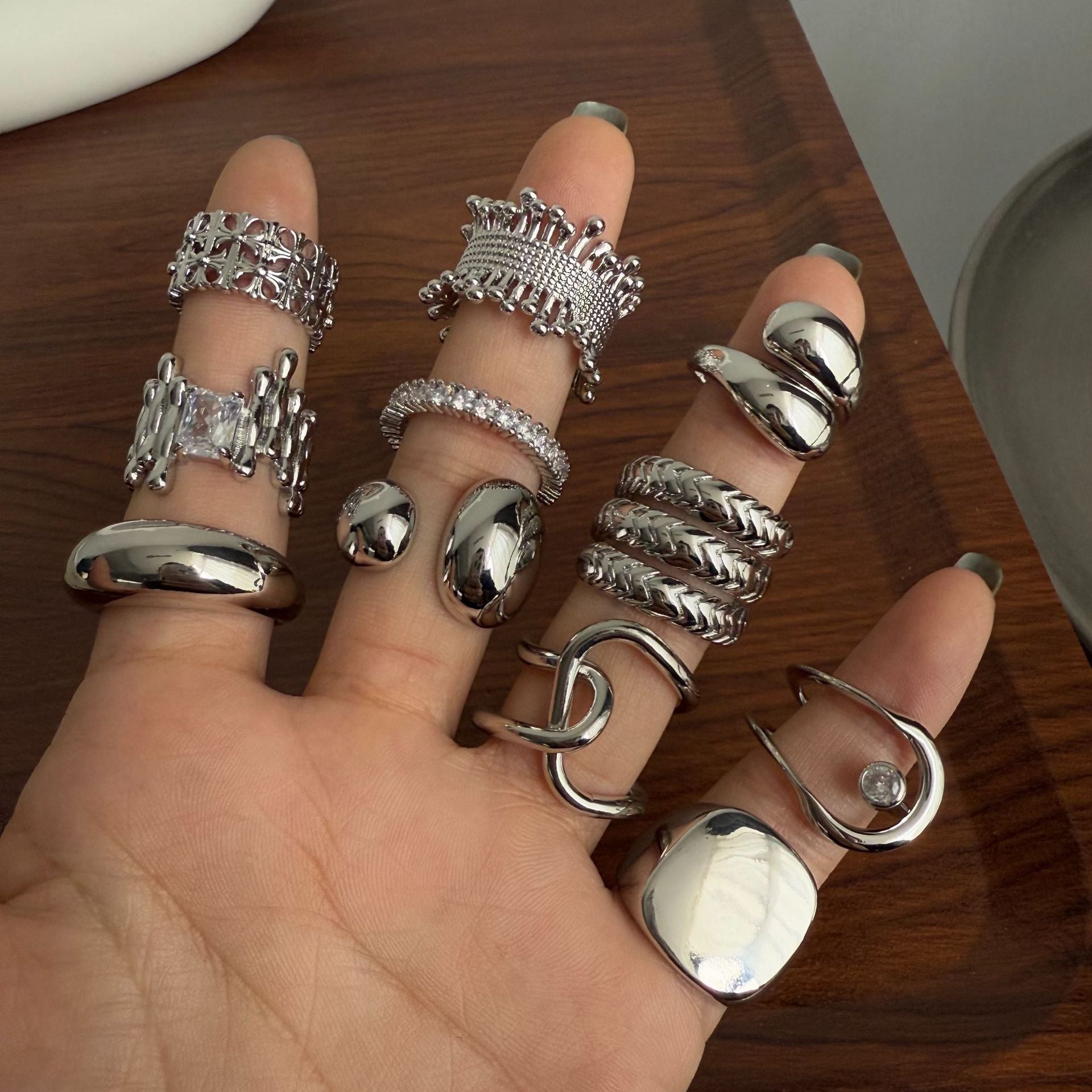 Statement Ring for Women, Assorted Silver-Tone, Gold-Tone and Black Bands with Sculpted and Clear Accent Designs
