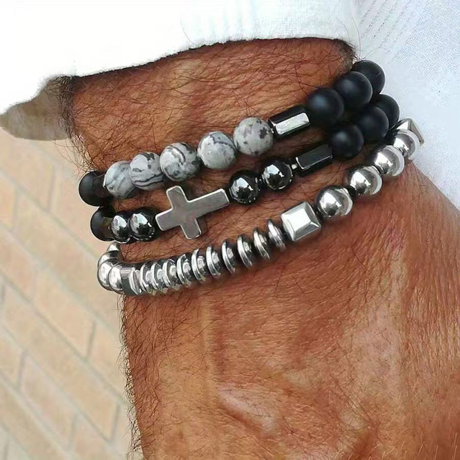 Beaded Stretch Bracelet, Handmade Mixed-Material Design with Cross and Disc Bead Details - Product view 1