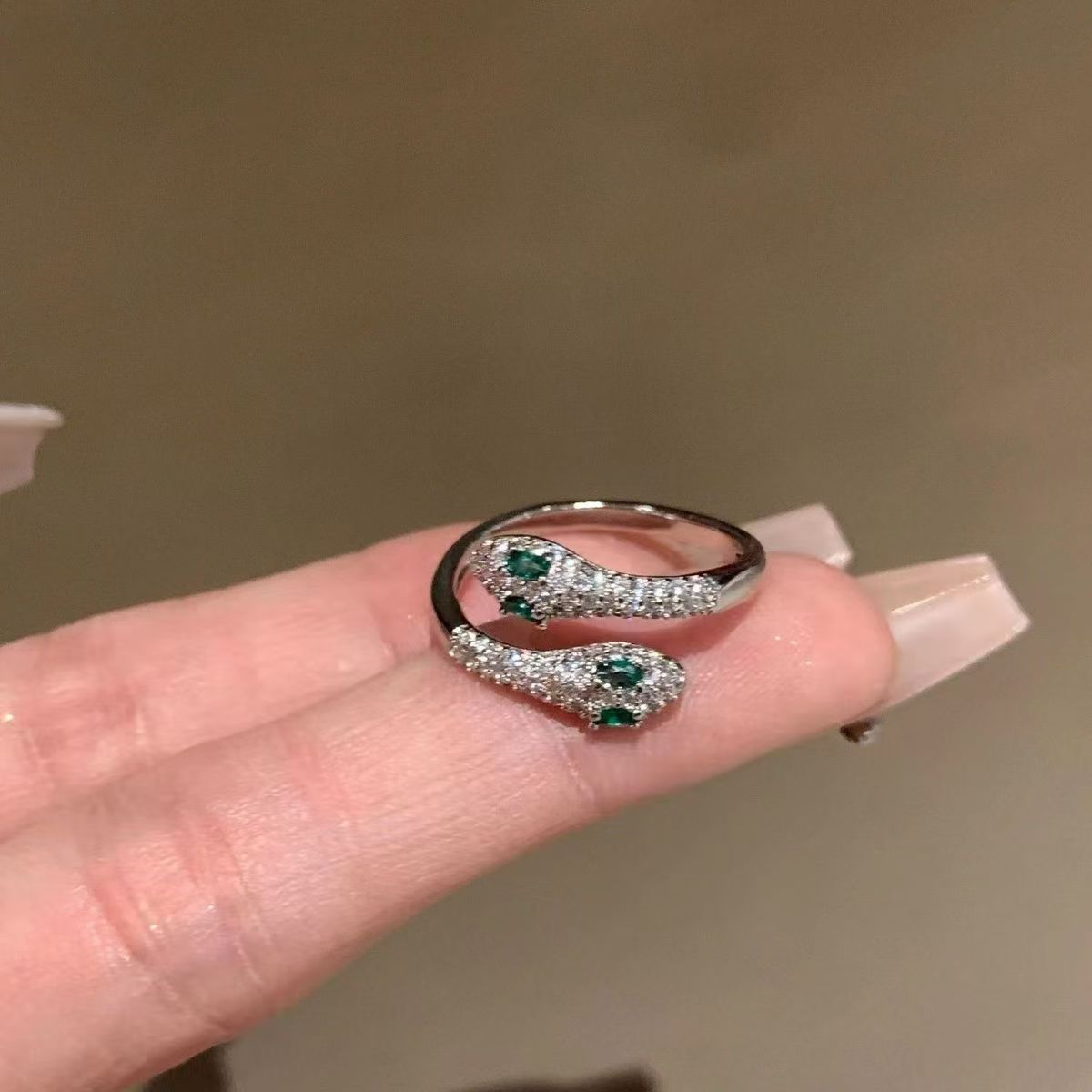 Double-Headed Snake Ring, Silver-Tone Metal with Green Eyes and Clear Accents, Open Band