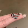 Double-Headed Snake Ring, Silver-Tone Metal with Green Eyes and Clear Accents, Open Band
