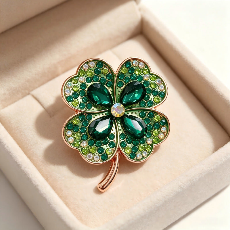 Four-Leaf Clover Brooch Pin for Women, Zinc Alloy Design with Green, Pink or Purple Sparkling Accents - Four-leaf clover crystal [d18] - emerald green