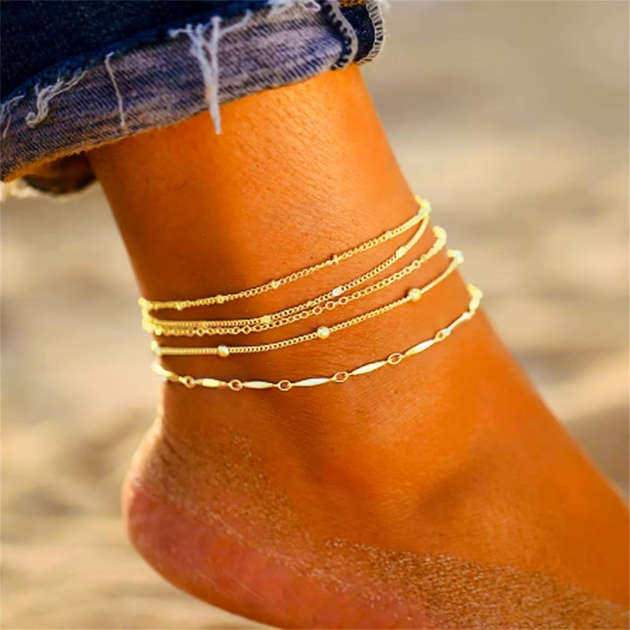 5-Piece Anklet Set for Women, Alloy Chains with Mixed Geometric Designs in Gold or Silver Tone - JL-001