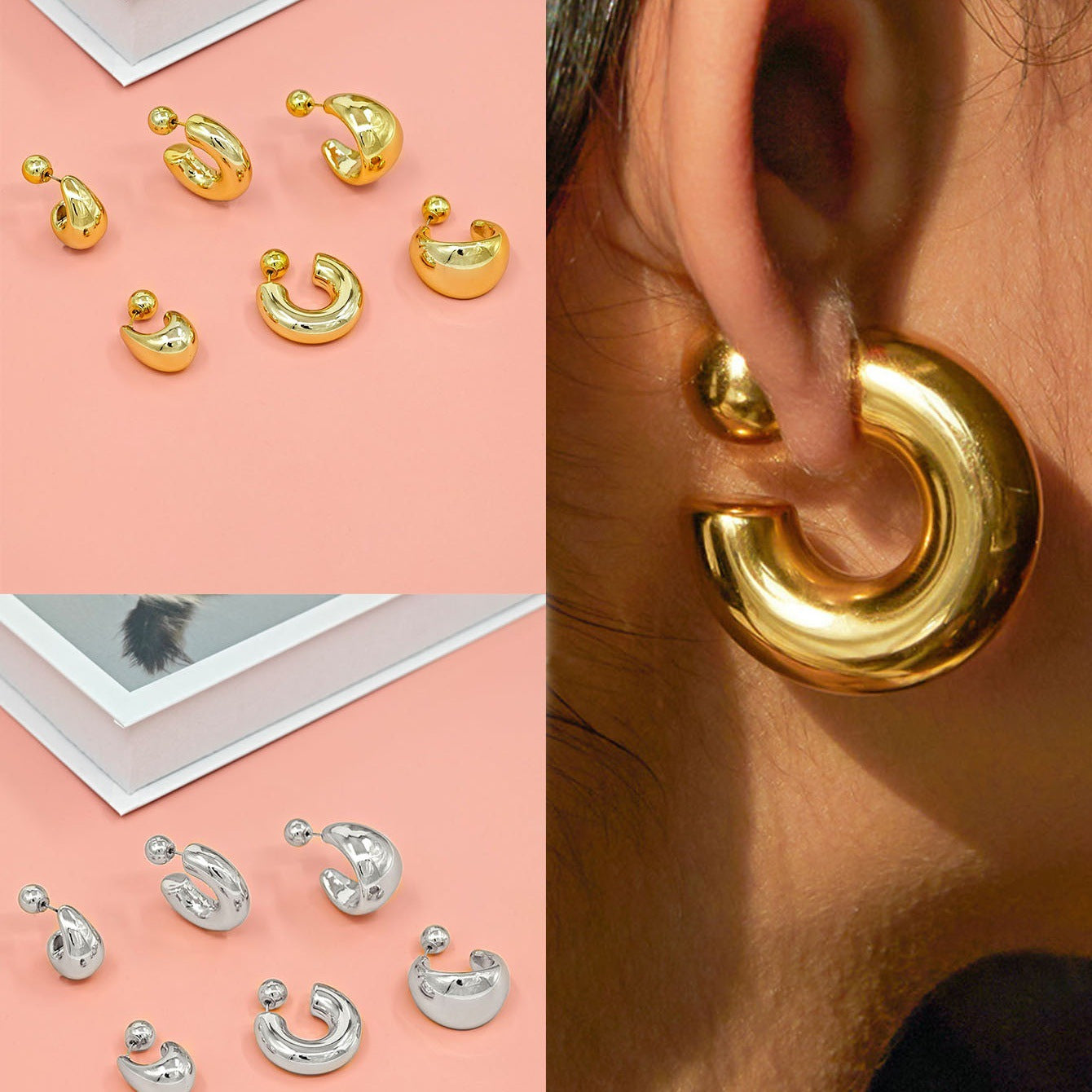 Statement Earrings for Women, Resin Teardrop and Geometric Designs in Gold-Tone or Silver-Tone Finish - Product view 1