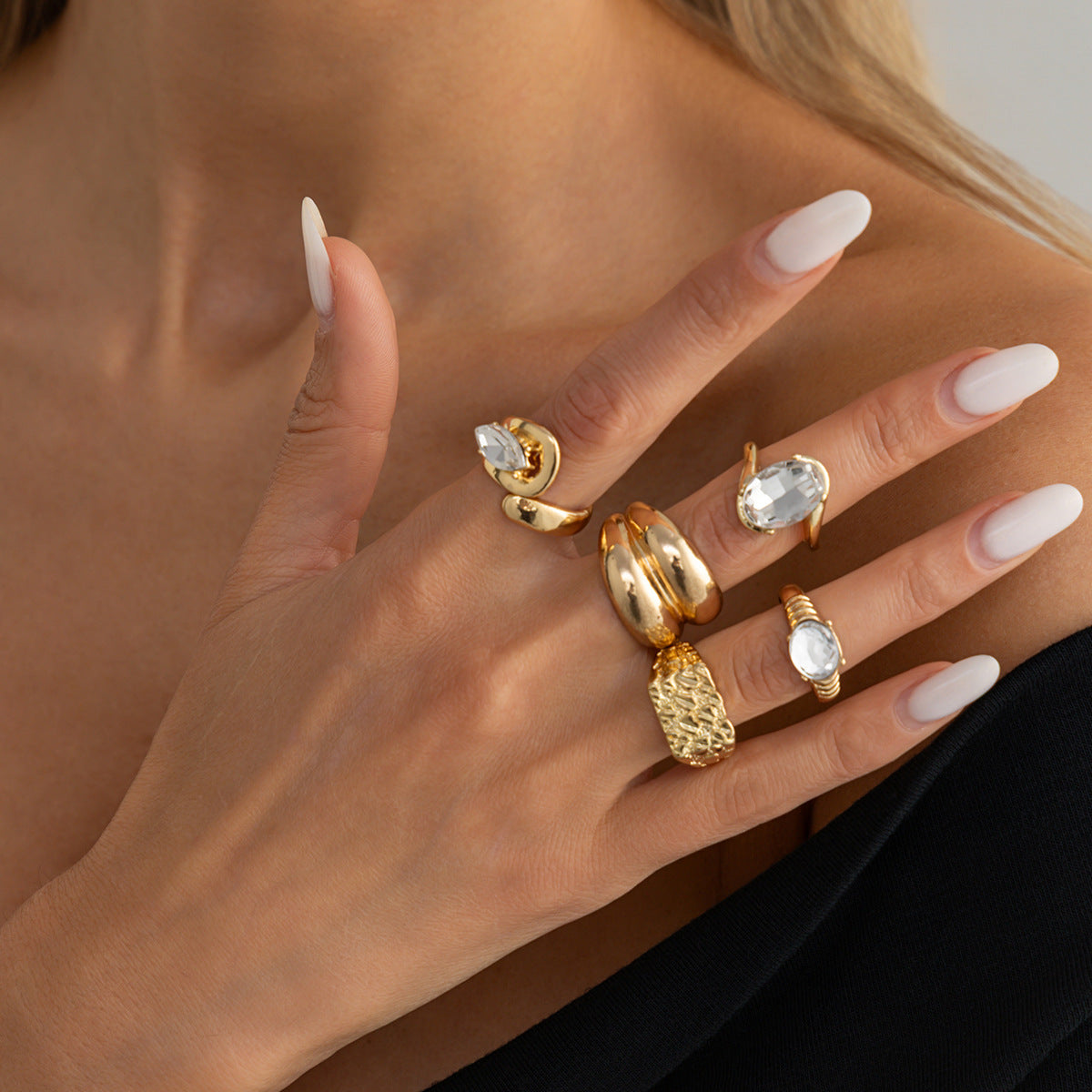 Mixed Statement Ring Set, Textured Alloy with Clear or Colored Accents, 6 Style Options