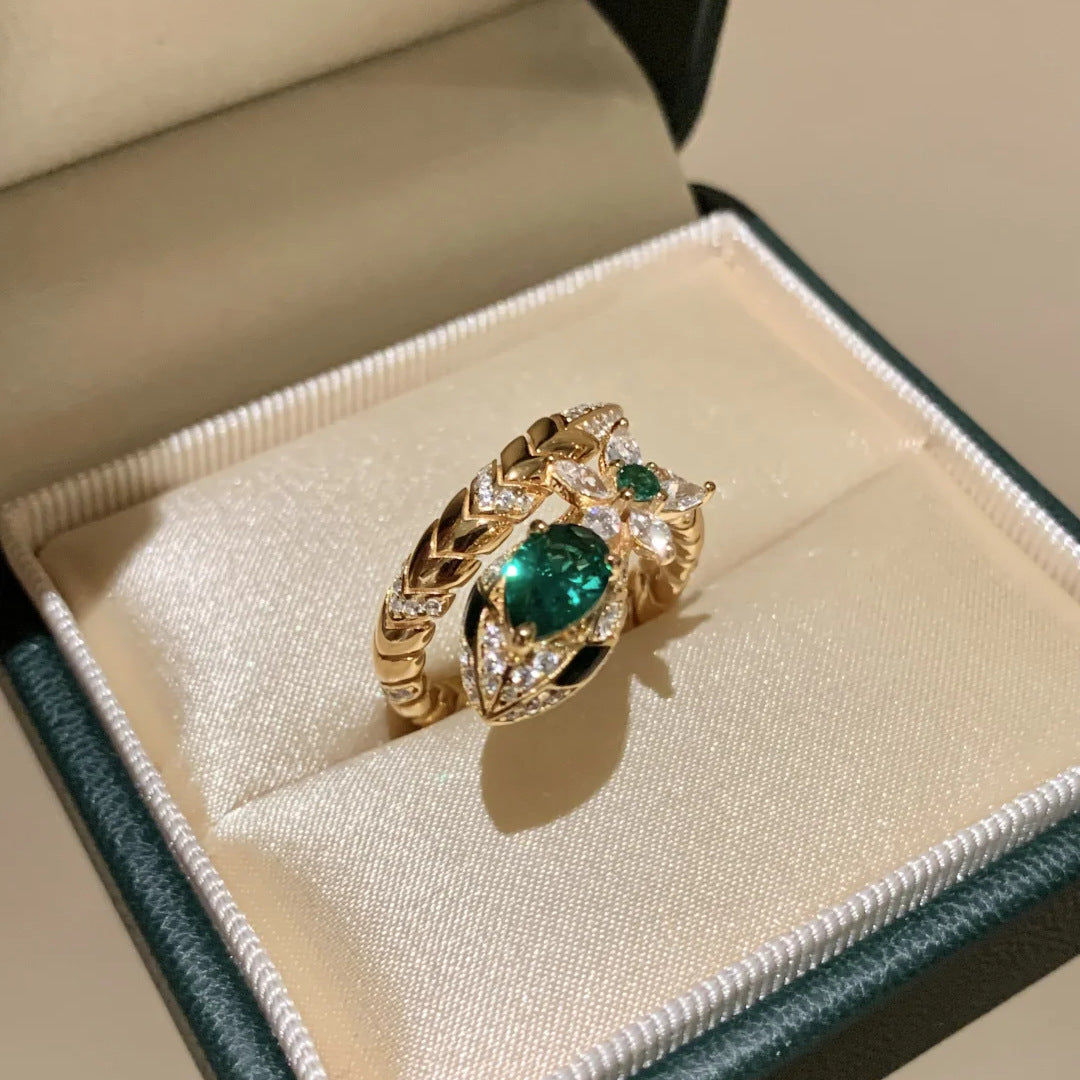 Coiled Snake Ring, Gold-Tone Copper with Green and Clear Accents, Adjustable