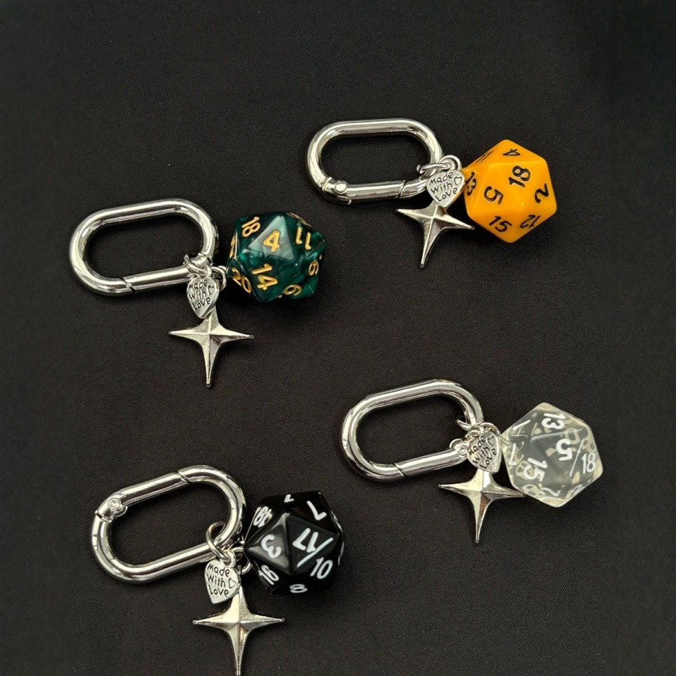 Numbered Dice Keychain with Star and Heart Charms, Oval Clip, 10 Colors