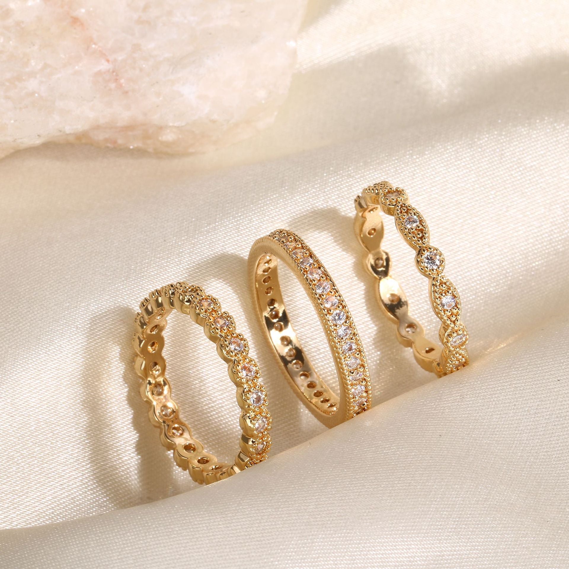 Stacking Ring Set, Gold-Plated Copper with Clear Accents, 3 Pieces, Sizes 6-10
