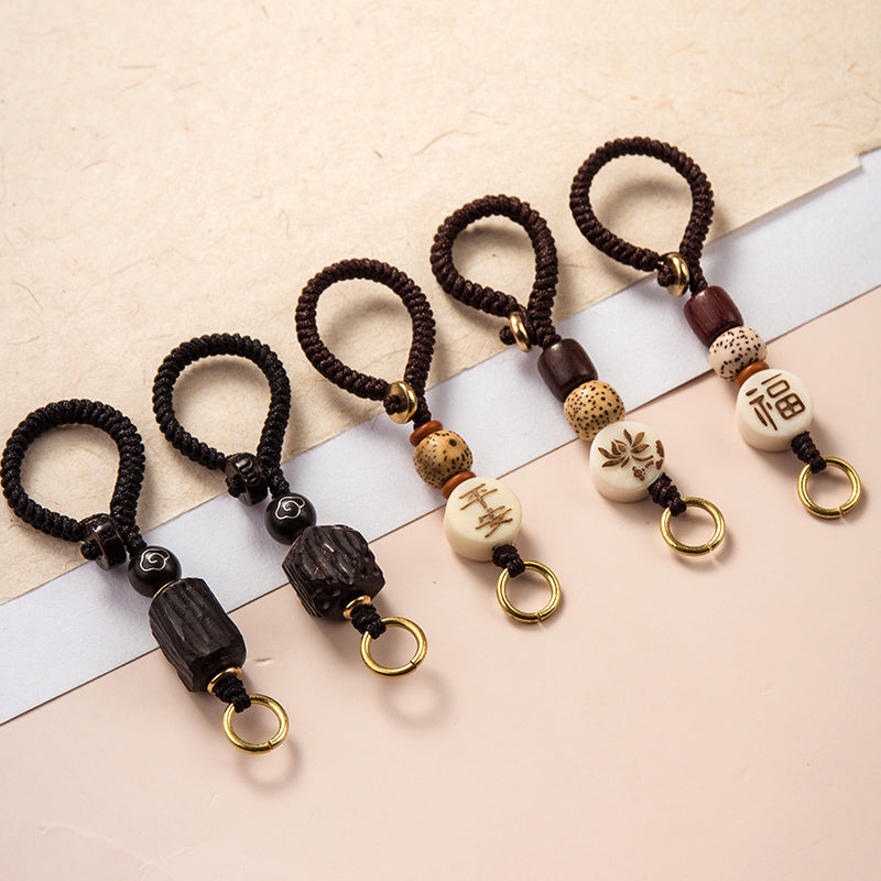 Braided Cord Keychain with Wood and Decorative Beads, Brown Loop, 5 Designs