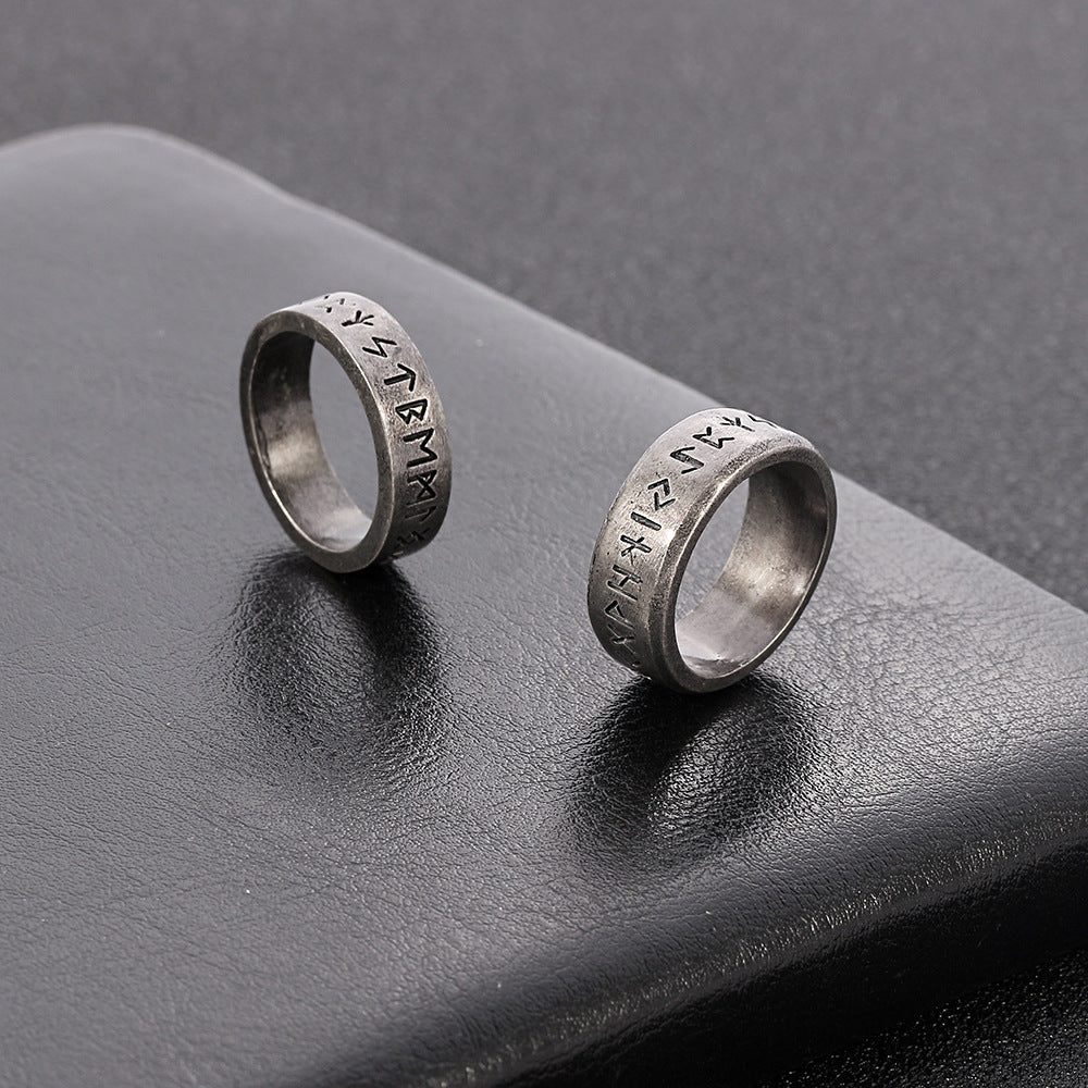 Rune-Pattern Ring for Men and Women, Antique Silver-Tone Band in 6 mm or 8 mm Width