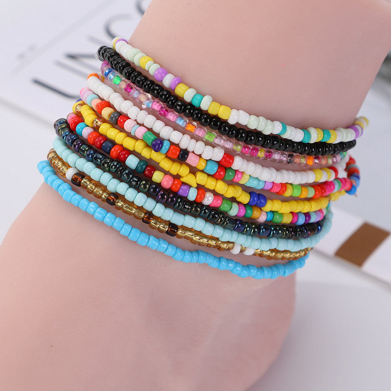 10-Piece Beaded Anklet Set for Women, Multicolor Resin Rice Beads with Beach-Inspired Designs - Mixed color