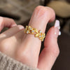Leaf Branch Ring, Gold-Tone Copper with Textured Floral Details, Adjustable Open Band