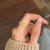 Leaf Branch Ring, Gold-Tone Copper with Textured Floral Details, Adjustable Open Band