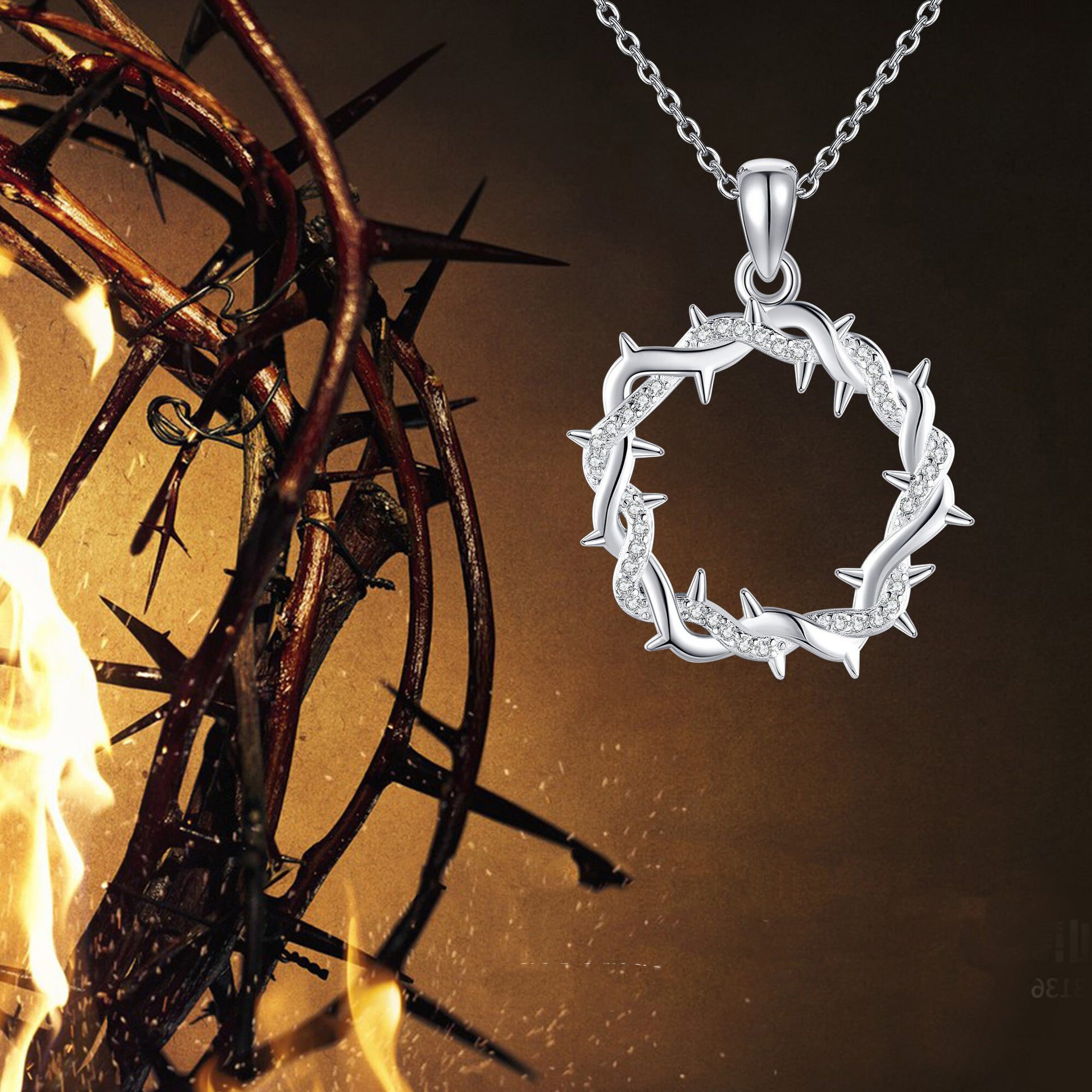 Thorn Ring Pendant Necklace, Openwork Zinc Alloy Design with Sparkling Accents, Gold or Silver Tone - Product view 1